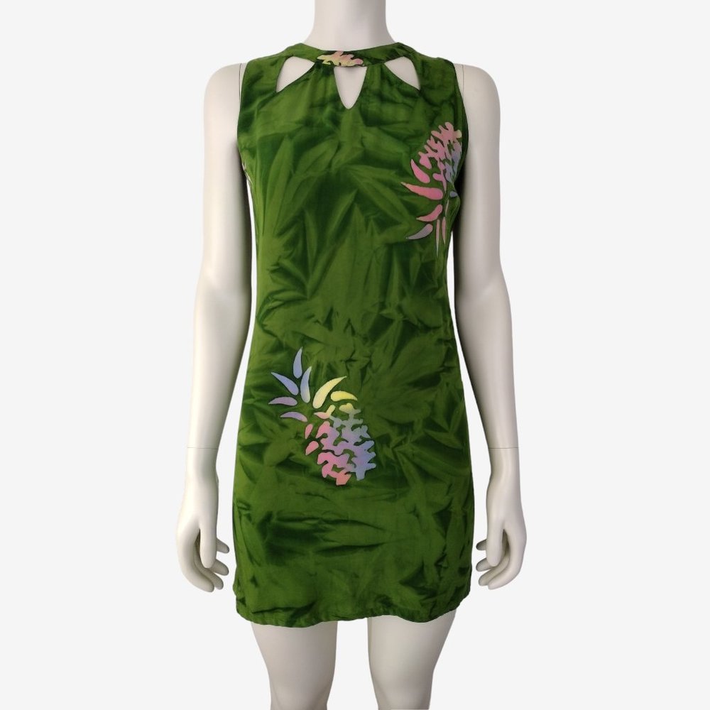 Vintage 1990s Green Tropical Print Sheath Mini Dress with Cutouts Size XS